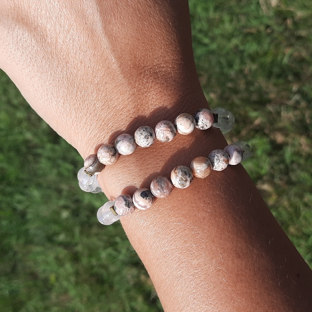 Natural 8mm Rhodochrosite & Clear Quartz Stretchy Bracelet - Picture 3 of 3